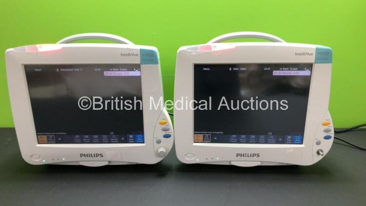 2 x Philips Intellivue MP50 Neonatal Touch Screen Patient Monitors Version J.10.54 / J.10.45 *Mfd 2012 - 2013* (Both Power Up with 1 x Missing Dial)