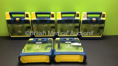 4 x Cardiac Science Powerheart AED G3 Automated External Defibrillators (All Power Up with 3 x Service Lights and 1 x Faulty Display) and 2 x Cardiac Science AED Trainers (1 x No Power and Damaged Cover - See Photos)