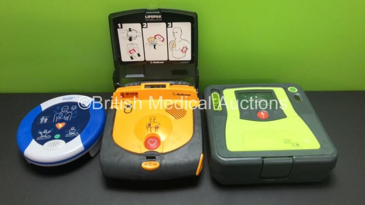 Job Lot Including 1 x Medtronic Lifepak CR Plus Defibrillator *Mfd 2011* (Powers Up) 1 x Zoll AED Pro Defibrillator (Damaged Screen and Untested Due to Missing Battery) and 1 x HeartSine SAM 300P Samaritan PAD Defibrillator (Untested Due to Missing Batter