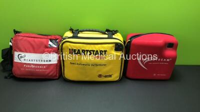 Job Lot Including 1 x Agilent HeartStream FR2 Defibrillator, 1 x Laerdal HeartStart FR2+ Defibrillator (Both Power Up and Pass Self Test) with 2 x Batteries *Install Dates 11-2021 - 06-2025* and 1 x ForeRunner HeartStream Semi Automatic Defibrillator with - 6