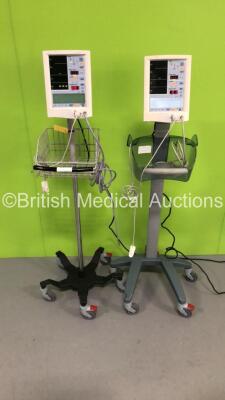 2 x Mindray Accutorr Plus Vital Signs Monitors on Stands with SPO2 Finger Sensors and BP Hoses (Both Power Up)