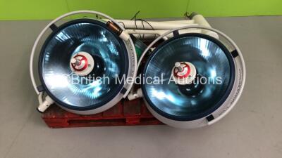 2 x Berchtold Chromophare E 650 Ceiling Mounted Operating Lights with Arms and Accessories * On Pallet *