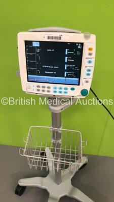 GE Datex-Ohmeda F-FM-00 Patient Monitor on Stand with 1 x E-PSMP-01 Module with NIBP,P1/P2,T1/T2,SpO2 and ECG Options * Mfd 2013 * and 1 x N-FC-00 Gas Module with Mini D-Fend Water Trap * Mfd 2009 * (Powers Up) * SN 6945220 / 6492421 / 6179277 * - 6