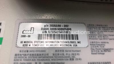 GE Dash 5000 Patient Monitor *Mfd 2008* Including ECG, NBP, CO2, BP1, BP2, SpO2, Temp/co and Printer Options with ECG, SpO2, NBP Leads, BP Cuff, Finger Sensor (Powers Up) *SD008398900GA* - 6