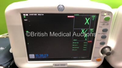 2 x GE Dash 3000 Patient Monitor Including ECG, NBP, CO2, BP1, BP2, SpO2, Temp/co and Printer Options with 2 x ECG, 2 x SpO2, 2 x NBP Leads, 2 x BP Cuffs, 2 x Finger Sensors (Both Power Up) *SD011061222SA - AAB04295412GA* - 2