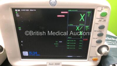 2 x GE Dash 3000 Patient Monitor Including ECG, NBP, CO2, BP1, BP2, SpO2, Temp/co and Printer Options with 2 x ECG, 2 x SpO2, 2 x NBP Leads, 2 x BP Cuffs, 2 x Finger Sensors (Both Power Up) *SD011061222SA - AAB04295412GA* - 3