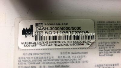 2 x GE Dash 3000 Patient Monitor Including ECG, NBP, CO2, BP1, BP2, SpO2, Temp/co and Printer Options with 2 x ECG, 2 x SpO2, 2 x NBP Leads, 2 x BP Cuffs, 2 x Finger Sensors (Both Power Up) *SD011061222SA - AAB04295412GA* - 7