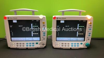 2 x GE Datex Ohmeda S/5 F-FM-00 Patient Monitors with 2 x GE Type E-PSMP Modules *Mfd 2012 - 2008* Including ECG, SpO2, T1/T2, P1/P2 and NIBP Options (Both Power Up with 1 x Missing Dial) *6388325 - 6869565 - 6399115 - 6399180*