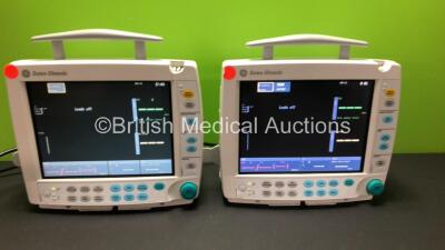 2 x GE Datex Ohmeda S/5 F-FM-00 Patient Monitors with 2 x GE Type E-PSMP Modules *Mfd 2008* Including ECG, SpO2, T1/T2, P1/P2 and NIBP Options (Both Power Up with some Damaged Casing - See Photos) *6399114 - 6870751 - 6386537 - 6373103*