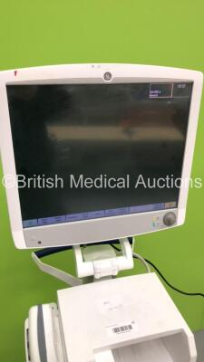 GE Carescape B850 Monitor with GE Module Rack Ref M1115512 Including 1 x E-MiniC Gas Module * Mfd 2013 * and 1 x GE Patient Data Module with ECG,Temp/CO,P1/P3,P2/P4,SpO2,NIBP and Defib/Sync * Mfd 2013 * on Stand (Powers Up) - 4