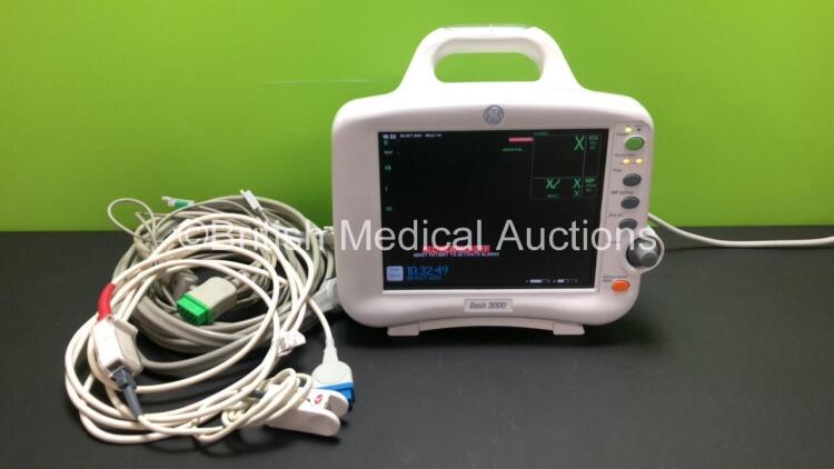 GE Dash 3000 Patient Monitor Including ECG, NBP, CO2, BP1, BP2, SpO2, Temp/co and Printer Options with 1 x ECG, 1 x SpO2, 1 x NBP Leads, 1 x Finger Sensor (Powers Up) *AAB04439380GA*