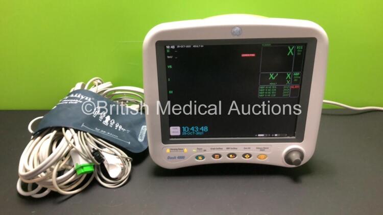 GE Dash 4000 Patient Monitor Including ECG, NBP, CO2, BP1, BP2, SpO2, Temp/co and Printer Options with 1 x ECG, 1 x SpO2, 1 x NBP Lead with Cuff, 1 x Finger Sensor (Powers Up) *DSH05282598GA*