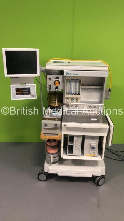 Datex-Ohmeda Aestiva/5 Anaesthesia Machine with Datex-Ohmeda Aestiva 7900 SmartVent Software Version 4.8 PSVPro,Spacelabs Ultraview Monitor,Spacelabs Module Rack,Spacelabs Gas Module with Water Trap,Absorber,Bellows,Oxygen Mixer and Hoses (Powers Up) * SN