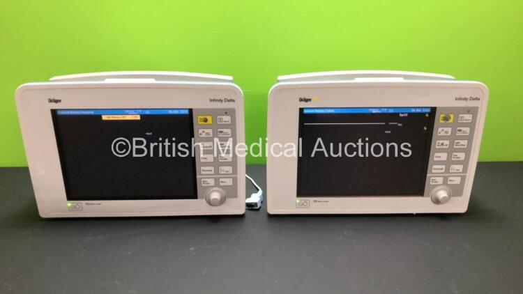 2 x Drager Infinity Delta Patient Monitors with HemoMed 1, Aux - Hemo 2 and 3, MultiMed and SpO2 Options *Mfd 2015 - 2010* (Both Power Up with Some Damage to Fascia Buttons - See Photos)