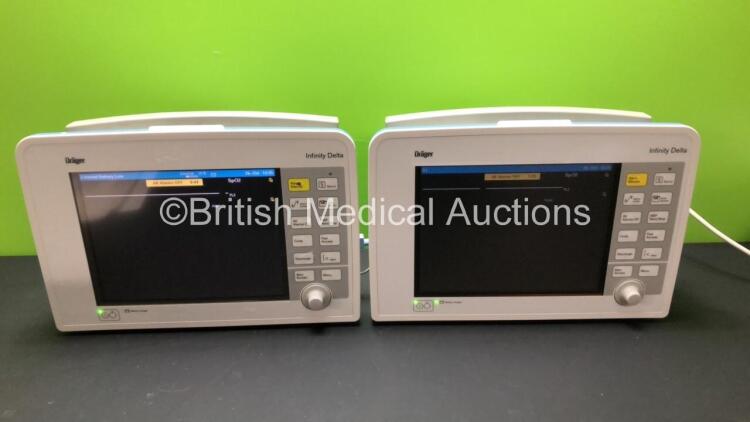 2 x Drager Infinity Delta Patient Monitors with HemoMed 1, Aux - Hemo 2 and 3, MultiMed and SpO2 Options *Mfd 2010 - 2010* (Both Power Up)