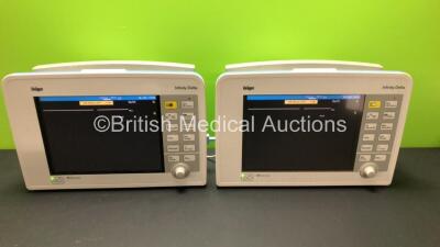 2 x Drager Infinity Delta Patient Monitors with HemoMed 1, Aux - Hemo 2 and 3, MultiMed and SpO2 Options *Mfd 2015 - 2010* (Both Power Up with Some Damage to Fascia Buttons - See Photos)