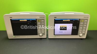 2 x Drager Infinity Delta Patient Monitors with HemoMed 1, Aux - Hemo 2 and 3, MultiMed and SpO2 Options *Mfd 2010 - 2010* (Both Power Up with Some Damage to Fascia Buttons - See Photos)