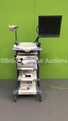 Olympus Stack Trolley with Olympus OEV181H Monitor, Olympus Evis Lucera CV-260 Digital Processor, Olympus Evis Lucera CLV-260 Light Source, Olympus MAJ-1154 Pigtail Connector, Sony UP-25MD Colour Video Printer and Olympus KV-5 Suction Pump (All Power Up)