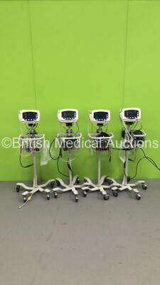 4 x Welch Allyn 53NT0 Patient Monitors on Stands with 4 x BP Hoses,4 x BP Cuffs and 4 x SpO2 Finger Sensors (3 x Power Up,1 x Draws Power) * SN JA057786 / JA057784 / JA057798 / JA057803 *