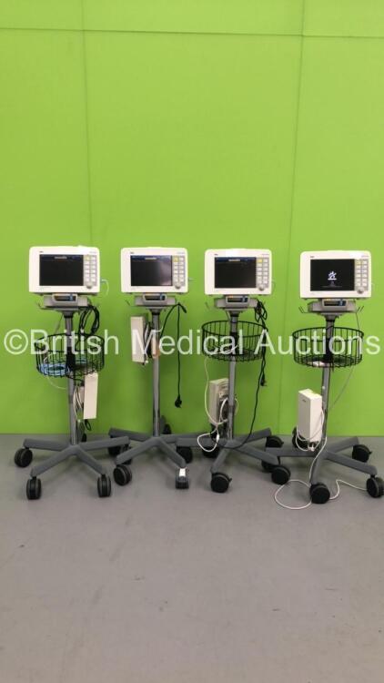 4 x Drager Infinity Delta Patient Monitors on Stands with HemoMed 1,Aux/Hemo 2,Aux/Hemo 3 and MultiMed Options (All Power Up)