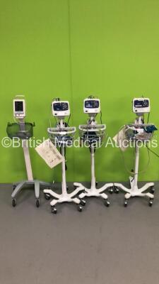 3 x Welch Allyn Propaq LT Patient Monitors on Stands with 3 x BP Hoses,3 x BP Cuffs and 3 x SpO2 Finger Sensors and 1 x Mindray Datascope Duo Patient Monitor on Stand with 1 x BP Hose (All Power Up) * SN MD14877-G1 / KA023250 / KA022496 / KA023225 *