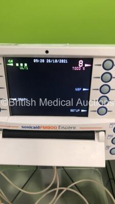 2 x Huntleigh Sonicaid FM800 Encore Fetal Monitors on Stands with 2 x Transducers (Both Power Up - 1 x Crack in Casing - See Pictures) - 3