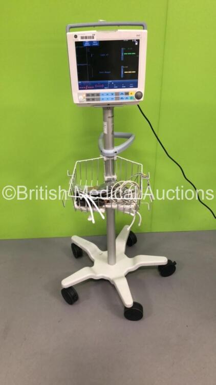 GE B40 Patient Monitor on Stand with Multiparameter Module with IBP1, IBP2, T1, T2, SPO2, ECG and NIBP Options (Powers Up) **Mfd 2013**