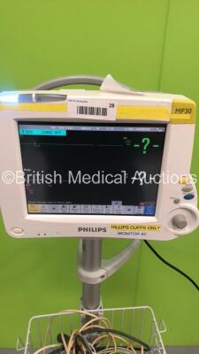 Philips MP30 Patient Monitor on Stand with Printer Options,1 x Philips 862442 Module with Press/Temp,NBP,SpO2 and ECG/Resp Options * Mfd 2008 * and Leads (Powers Up) * SN DE717P3716 / DE62233231 * - 3