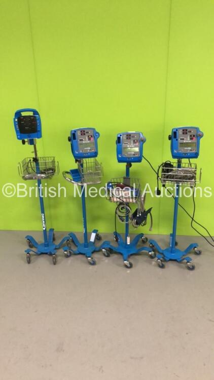 3 x GE Dinamap Pro 400V2 Patient Monitors on Stands with 2 x BP Hoses,3 x BP Cuffs and 1 x SpO2 Finger Sensor and 1 x GE ProCare Patient Monitor on Stand (All Power Up-1 x Missing Dial and Side Panel-See Photos) * SN AAW06500225SA / AAX071003SA / AAX07420