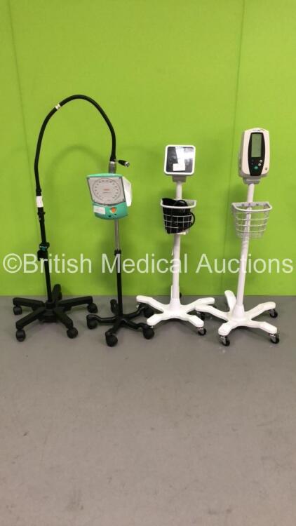 Mixed Lot Including 1 x Welch Allyn Spot Vital Signs Monitor on Stand * Damaged-See Photo *,1 x Welch Allyn BP Meter on Stand,1 x Accoson BP Meter on Stand and 1 x Riester Patient Examination Light on Stand * SN 200511663 *