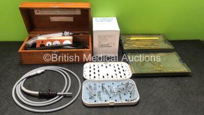 Mixed Lot Including 1 x Desoutter Pneumatic Surgical Bone Saw, 1 x Olympus A3091 Fibre Optic Light Cable, 20 x Codman LeRoy Scale Clips and 2 x Surgical Instrument Sets