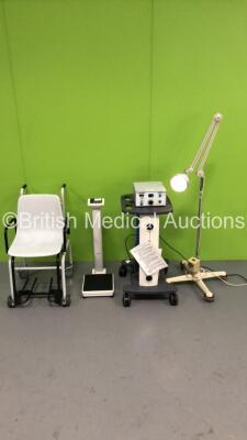 Mixed Lot Including 1 x EZ EM ProtoCol Colon Insufflator on Stand, 1 x ES Medical Patient Examination Light, 1 x Seca Standing Weighing Scales and 1 x Seca Seated Weighing Scales * Asset No FS 0096994 / FS 0090618 *