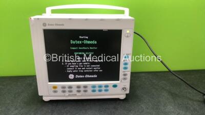 Datex Ohmeda Compact Anaesthesia Monitor with 1 x GE Type E-PRESTN Module Including ECG, NIBP, SpO2, T1, T2, P1 and P2 Options, 2 x Blank Modules (Powers Up with Missing Dial-See Photo) *SN 6614301*