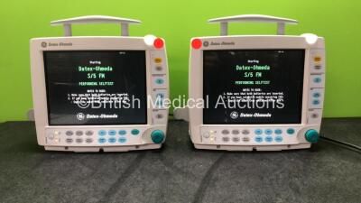 2 x Datex Ohmeda S/5 FM Type F-FM-00 Patient Monitors with 2 x GE E-PSMP-00 Modules Including ECG, Sp02, NIBP, T1, T2, P1 and P2 Options (Both Power Up) *SN 6399181, 6399155*