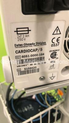 Datex-Ohmeda Cardiocap/5 Patient Monitor with NIBP,ECG,SpO2,P1,P2,T1 and T2 Options,1 x SpO2 Finger Sensor,1 x BP Hose and 1 x BP Cuff on Stand (Powers Up) * SN 5156420 * * Mfd 2004 * - 6