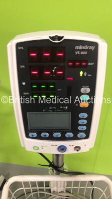 1 x Mindray VS-800 Vital Signs Monitor on Stand (Missing Top Light Cover - See Pictures) and 1 x Spacelabs 90369 Monitor on Stand with ECG, hlo1, hlo2, BP, NIBP, SPO2 and T1-2 Options (Both Power Up) *S/N 369-114138 / BY-83104743* - 6