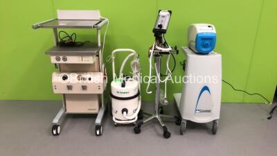 1 x Eschmann ST80 Suction Trolley with Fiberlight 150 Light Source, 1 x deSoutter Medical CleanCast Cutting System with Hose, 1 x Quantiflex MDM Oxygen / Nitrogen Mixer on Stand with Hose and 1 x ConMed AER Defense Smoke Evacuator on Stand