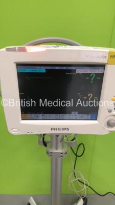 Philips IntelliVue MP30 Patient Monitor on Stand with 1 x Philips M3001A Module with Press,Temp,NBP,SpO2 and ECG Options * Mfd 2011 - See Attached Photos for Module *,1 x NBP Lead and 1 x ECG Lead (Powers Up) * SN DE72856386 / DE907T2822 * Mfd 2008 * - 4