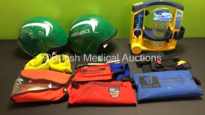 Job Lot Including 1 x Laerdal Suction Unit with Cup and Lid (Powers Up) 2 x Ambulance Helmets, 2 x Traction Splints and 2 x Straps