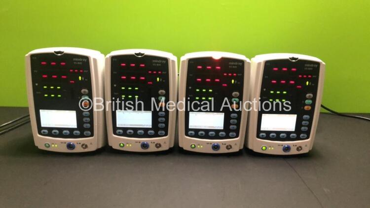 4 x Mindray VS-800 Vital Signs Monitors (All Power Up, 3 x Missing Light Covers - See Photos)