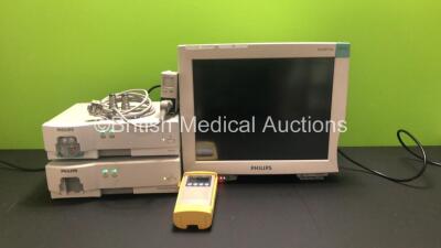 Job Lot Including 1 x Philips IntelliVue MP70 Patient Monitor (Powers Up with Blank Screen and Missing Casing - See Photos), 1 x Philips M1013A Gas Module, 1 x Philips IntelliVue G5 M1019A Gas Module (Both Power Up), 1 x Philips VueLink Module and 1 x Nel