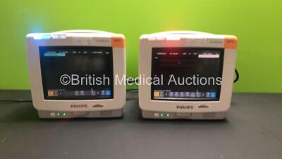 2 x Philips IntelliVue MP5 Patient Monitors *Mfd - 2012* with NBP, SPO2 and ECG Resp Options (Both Power Up)