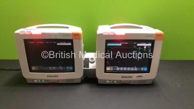 2 x Philips IntelliVue MP5 Patient Monitors *Mfd - 2012 and 2014* with NBP, SPO2 and ECG Resp Options (Both Power Up)