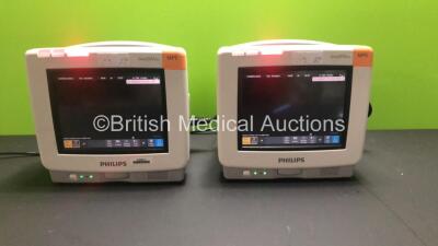 2 x Philips IntelliVue MP5 Patient Monitors *Mfd - 2012* with NBP, SPO2 and ECG Resp Options (Both Power Up)