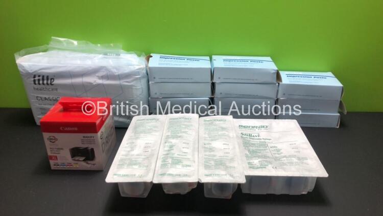 Job Lot of Consumables Including 11 x White Dental Impression Paste (In Date) Lille Bed and Chair Pads and Medrad Disposable Kits (Out of Date)