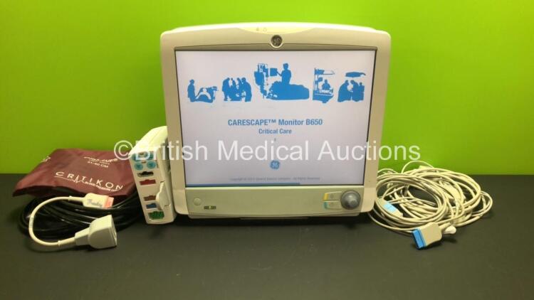 GE Carescape B650 Touch Screen Patient Monitor *Mfd - 02/2011* with 1 x GE E-PSMP-01 Module *Mfd 2013* and 1 x ECG, 1 x SpO2, 1 x P1-P2 and 1 x NIBP Leads with Cuff (Powers Up)