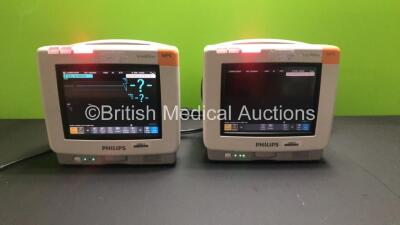 2 x Philips IntelliVue MP5 Patient Monitors *Mfd - 2012* with NBP, SPO2 and ECG Resp Options (Both Power Up)