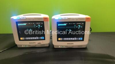 2 x Philips IntelliVue MP5 Patient Monitors *Mfd - 2012* with NBP, SPO2 and ECG Resp Options (Both Power Up)