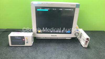 Philips IntelliVue MP70 Anesthesia Patient Monitor * Mfd 2009 * with 1 x Philips IntelliVue X2 Handheld Patient Monitor Rev N.15.45 with Press,Temp,NBP,SpO2 and ECG/Resp Options * Slight Damage to Trim-See Photos *,1 x Flat Battery and 1 x Philips M3012A 