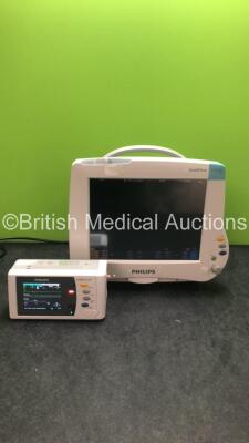 Philips IntelliVue MP50 Patient Monitor with 1 x Philips IntelliVue X2 Handheld Patient Monitor Rev H.15.45 with Press,Temp,NBP,SpO2 and ECG/Resp Options and 1 x Good Battery * Damage to Plastic Trim-See Photos * (Both Power Up)